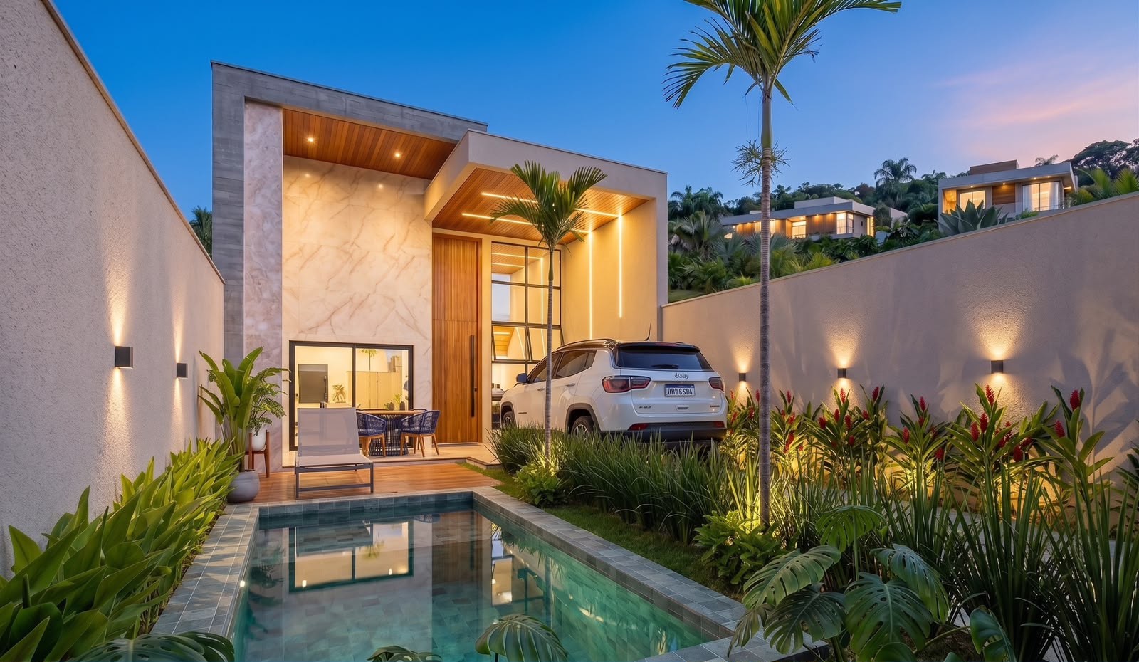 Casa contemporânea MCS Premium com piscina ao entardecer